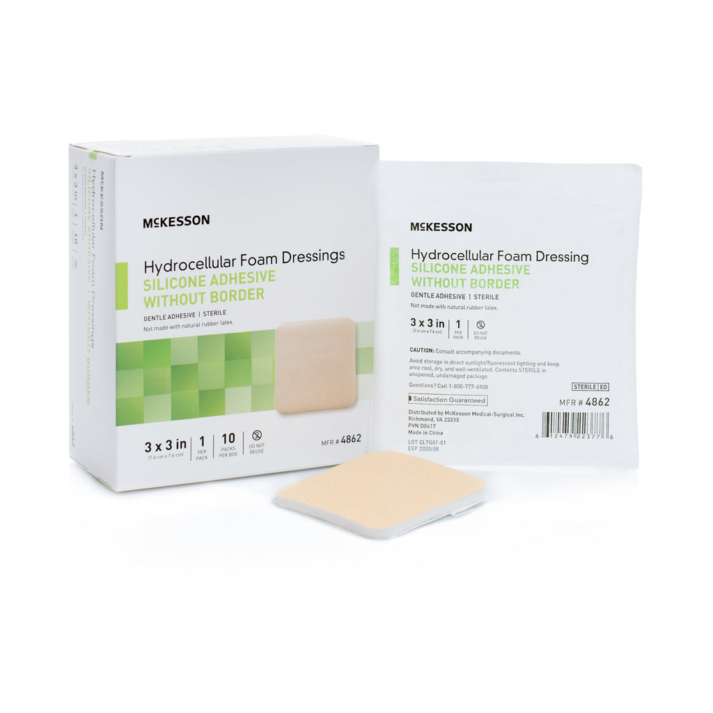 Foam Dressing - McKesson 3 X 3 Inch Without Border Film Backing Silicone Gel Adhesive Square Sterile