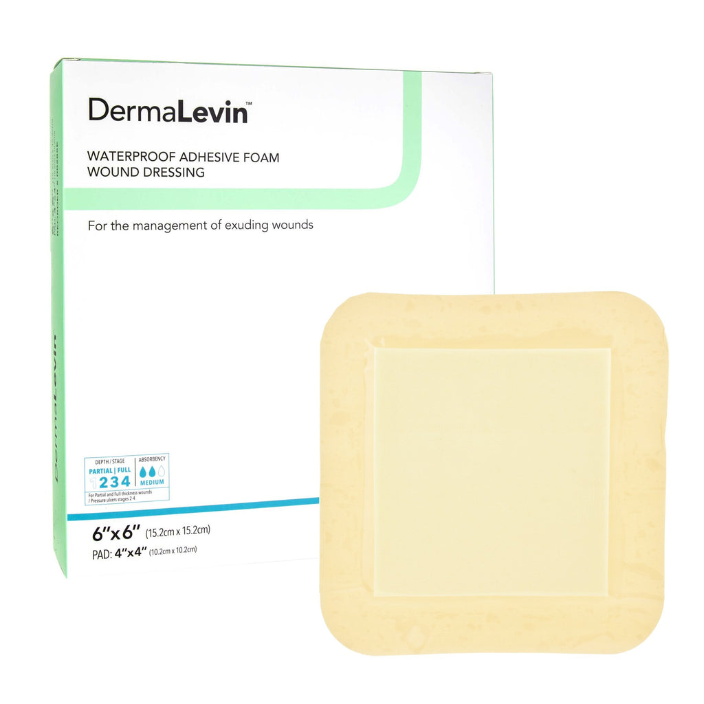 Foam Dressing - DermaLevin 6 X 6 Inch With Border Waterproof Backing Hydrocolloid Adhesive Square Sterile