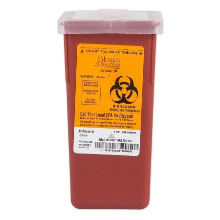 Sharps Container - 7 H X 3-1/2 W X 3-1/2 D Inch 1 Quart Red Base / Translucent Lid Vertical Entry Hinged Snap On Lid